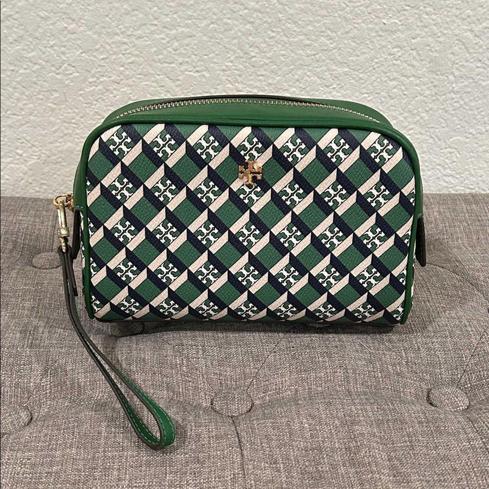 Tory Burch Green and Cream Logo Wristlet Clutch with Gold Accent
